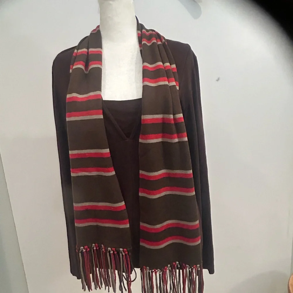 Carlisle Scarf, Brown, Red, Silver Stripes NWOT - Picture 5 of 6